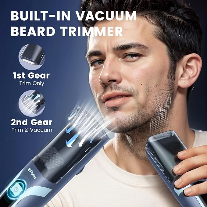 Beard Trimmer for Men - Vacuum Mustache Trimmer with Adjustable 20 Length Setting for Less Mess,IPX7 Waterproof Rechargeable Electric Mens Beard Trimmer for Precision Facial Hair, Sideburns
