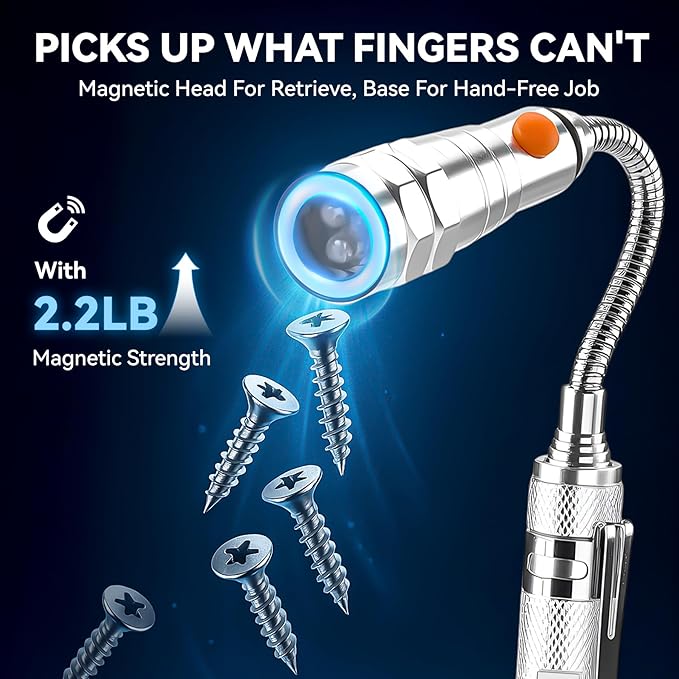 VIBELITE Extendable Magnetic Flashlight with Telescoping Magnet Pickup Tool- Cool Gadget Valentines Day Gifts for Him, Men, Teen Boys, Husband, Dad, Father, Mechanic, Women, Silver