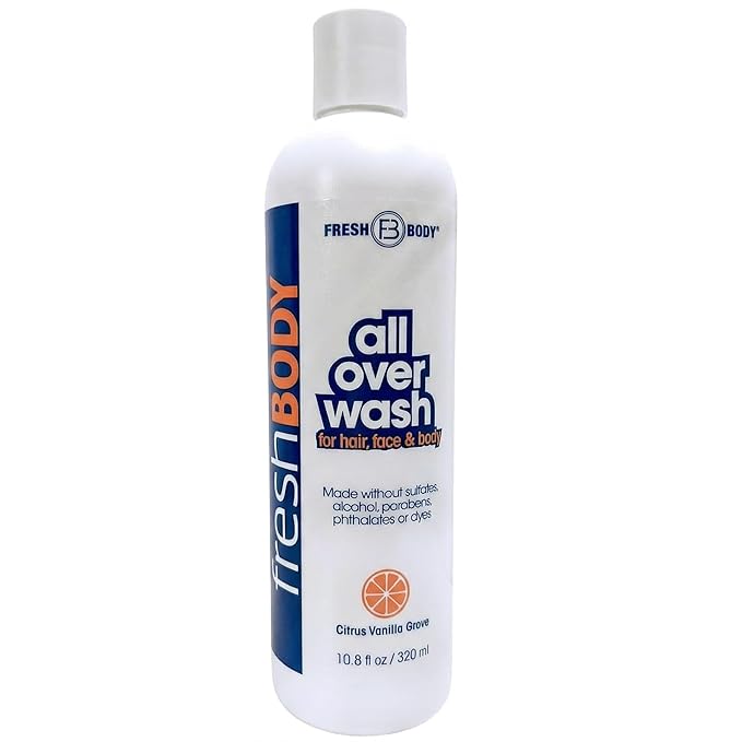 All Over Wash for Hair, Face & Body, 10.8oz Shampoo, Breast, Body & Ball Wash for Men & Women - Citrus Vanilla Grove Shower Gel, Made without Alcohol, Sulfates, Dyes or Parabens