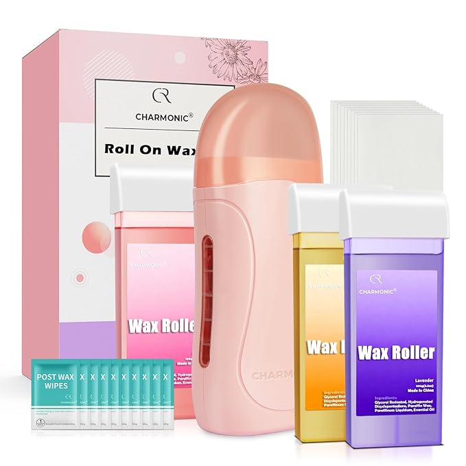 Roll On Wax Kit, Portable Wax Roller Kit for Coarse/Fine Hair Removal, Beginners Waxing Roller for All Skin Types with 3 Pcs 100g Roll Cartridge, 100 Non-Woven Strips & 10 After Oil Wipes (F1_Pink)