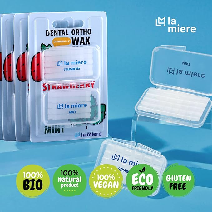 LA MIERE 8 Boxes Pre-Cut Food Grade Dental Wax Orthodontic Wax Braces Wax Shield Lips & Gums Dental Teeth Braces Wearer Mint & Strawberry