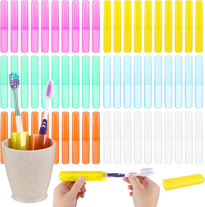60 Pcs Toothbrush Travel Case, Premium Tooth Brush Holder with 6 Assorted Colors Transparent Frosted Plastic Protector Covers, Portable Storage for Traveling Camping Home School Business Use