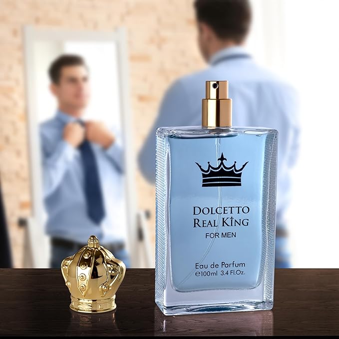 Dolcetto Real King Eau De Parfum for Men woody & Aromatic Fragrance - Citrus Notes & Pimento Essence with Masculine Base - Blend of Spicy Pepper, French Lavender & Haitian Vetiver - 100ml Bottle