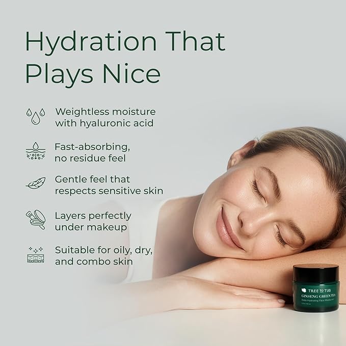 Tree To Tub Hydrating Face Moisturizer for Dry & Sensitive Skin - Water Based Hyaluronic Acid Facial Moisturizer, Moisturizing Face Cream for Women & Men w/Organic Aloe, Green Tea, Natural Ginseng