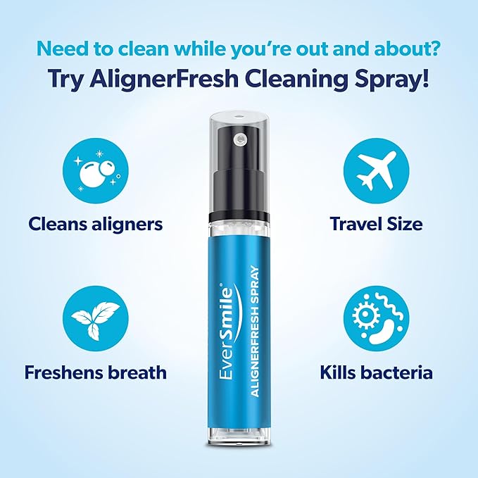 EverSmile AlignerFresh Cleaning Spray for Invisalign and All Clear Aligners and Retainers – On-the-Go Cleaning & Teeth Whitening, Kills Bacteria, Fights Bad Breath – Mint Flavor, 10ml (2 Pack)