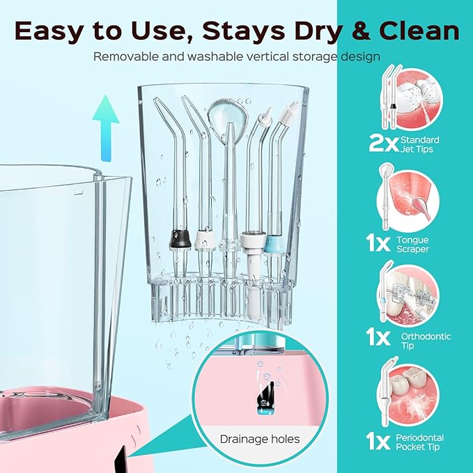 COSLUS Advanced Water Flosser for Teeth: 2 Modes & 12 Pressure Settings Electric Dental Pick for Orthodontic, Braces, Sensitive Gums - Home Use, 5 Jet Tips for Multiple Users, Family, Pink, E2