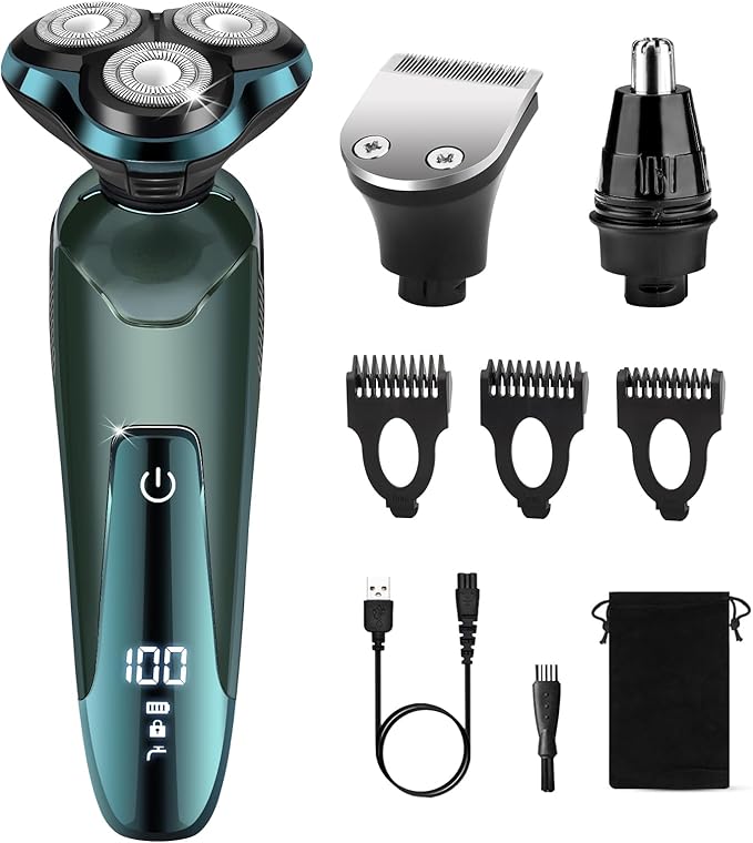 Electric Razor for Men, Cordless Rechargeable 3D Rotary Shaver with LED Display, Wet/Dry Waterproof Men’s Shaving Kit with Pop-Up Trimmer, Ideal Razor Gift for Husband, Dad, Boyfriend