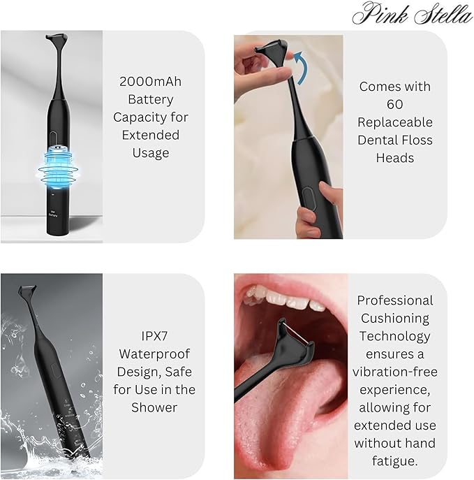 Electric Dental Flosser| Tongue Scrapper| Gum Massager and Stimulator for Adults and Kids| 60 Reuseable Floss Heads| A Better Alternative to Water Flosser