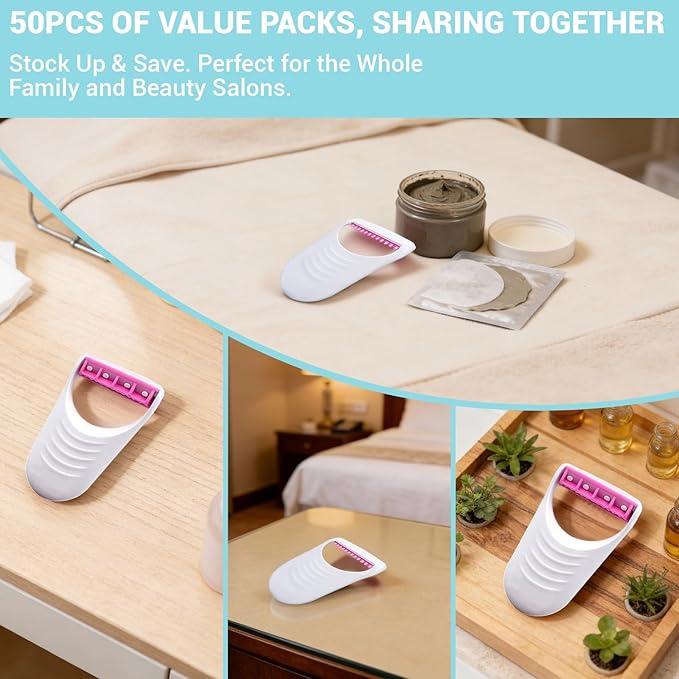 50Pcs Portable Sharp Disposable Prep Razors, Individually Package with Protection Cover, Stainless Steel Single Blade Professional Hair Removal Dry/Wet, Holiday Gifts for Women Home Beauty Salon-Pink