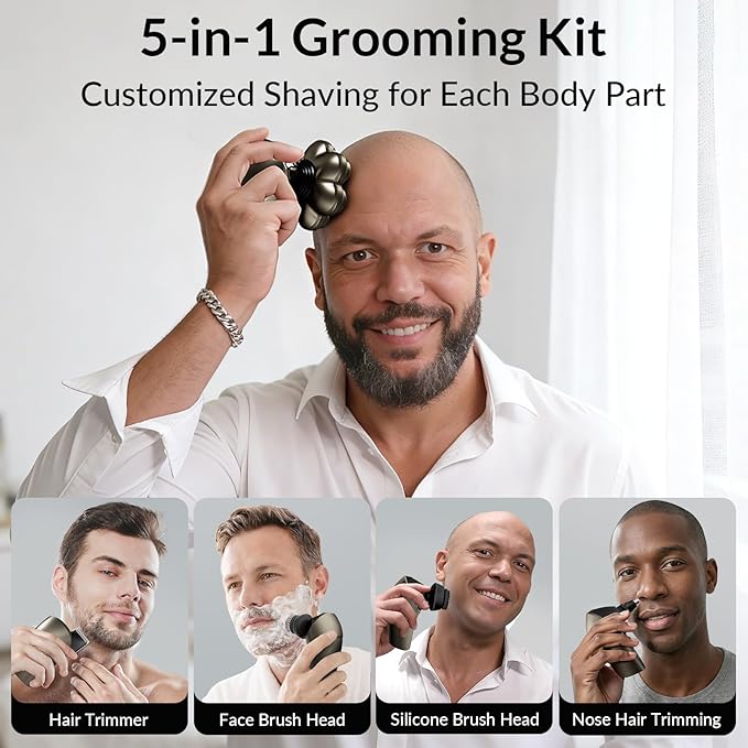 7D Arc Electric Shaver for Head & Body, 5-in-1 Electric Razor, Waterproof Wet/Dry Head Shaver with Magnetic Detachable Head, LED Display Rechargeable Electric Shaving & Grooming Kit, Dark Gray