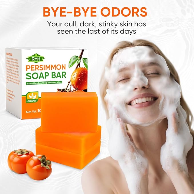 RYH 3 PCS Persimmon Soap Bar for Body Odor Control–Deodorizing & Eliminating Body Odor for Old People Smell, Natural Deodorant Persimmon Bar Soap, Organic Body Wash Soap for Women & Men