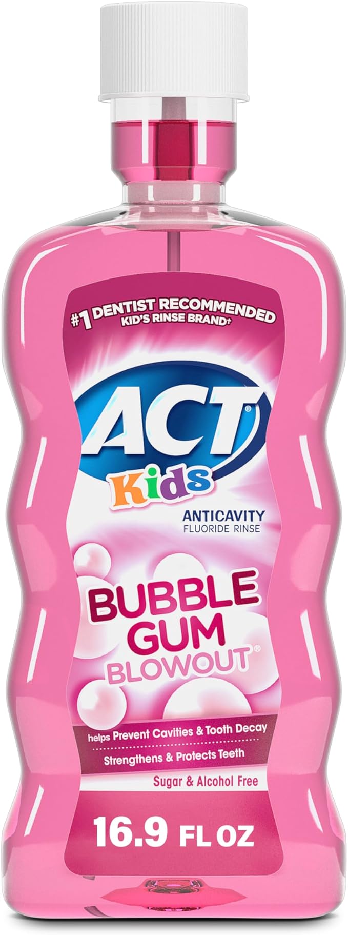 ACT Kids Anticavity Fluoride Mouthwash, Sugar & Alcohol Free Mouth Rinse Strengthens Teeth, Bubble Gum Blowout, 16.9 fl. oz.