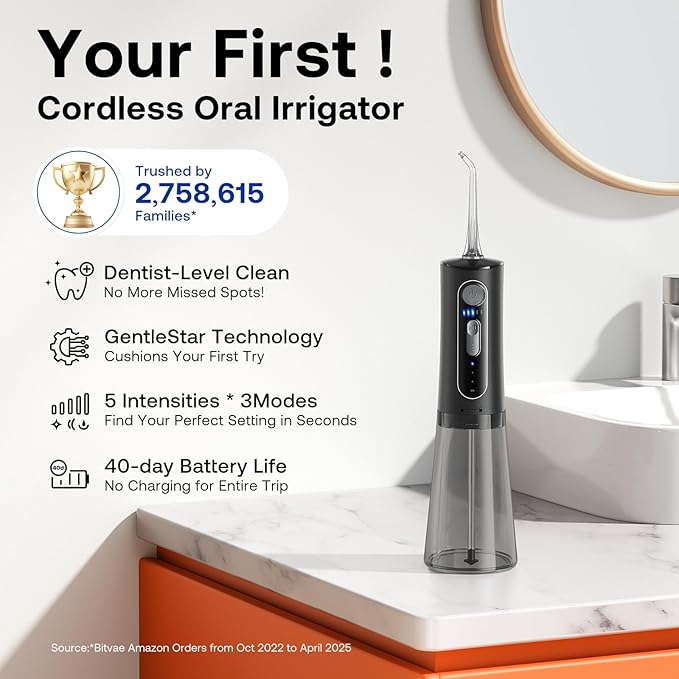 Bitvae Water Dental Flosser for Teeth, Cordless Water Teeth Cleaner Picks, 3 Modes 5 Intensities, IPX7 Waterproof, Rechargeable Water Dental Picks for Cleaning - Black