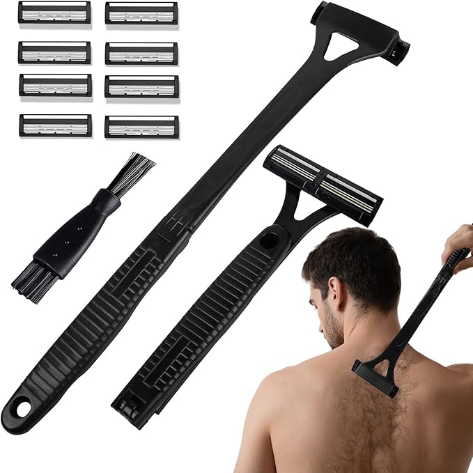 Back Shaver for Men with 8 Replacement Blades, Foldable Long Handle Body Hair Remover, Manual Back Razor Groomer for Men, Wet or Dry Shaving Body Trimmer for Smooth Hair Removal (Black)