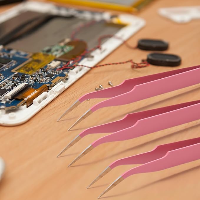Honoson 9 Pieces Curved Pointed Craft Tweezers Stainless Steel Precision Tweezer with Protective Cover for Rhinestones Dried Flowers Craft Stickers Eyelash Extension Jewelry Making(Pink)