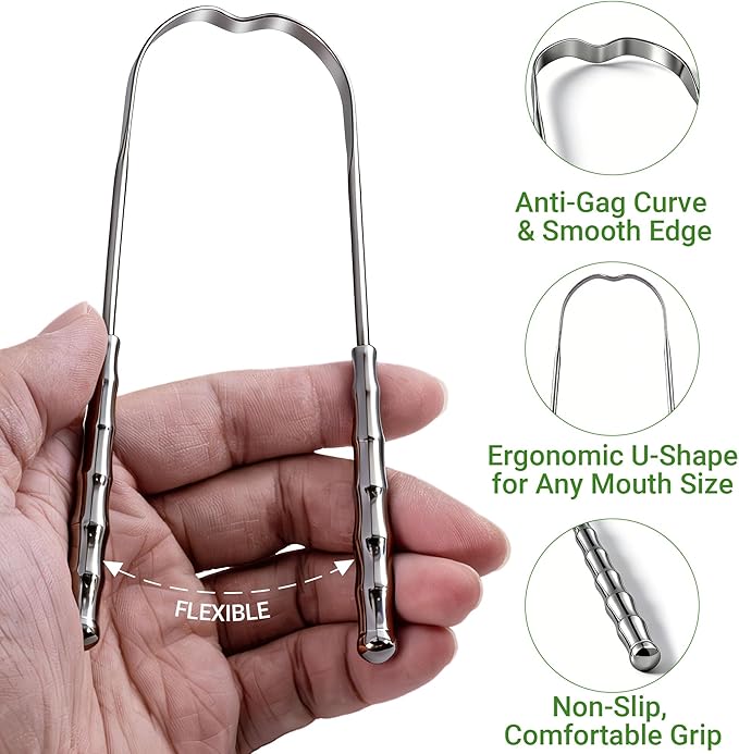 Metal Tongue Scraper for Adults & Tongue Cleaner (2 Pack), Stainless Steel Scrapers with Travel Cases, Reduce Bad Breath & Remove Tongue Coating, Smooth U-Shape Design