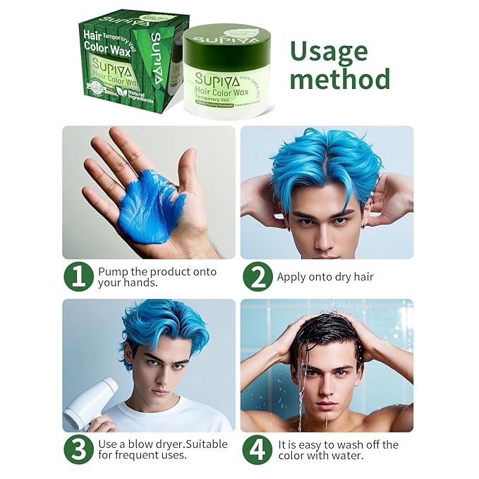 Temporary Hair Color Wax for Men - SUPIYA Washable Hair Wax Color, All-Day Hold Disposable Hair Wax for Party, Cosplay & Daily (Sapphire Color #9)
