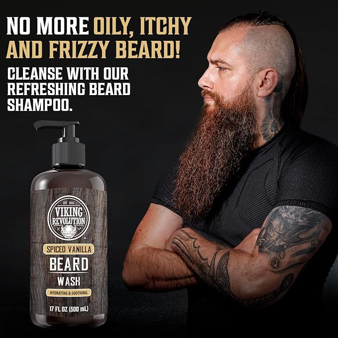 Viking Revolution Spiced Vanilla Beard Wash for Men with Argan Oil and Jojoba Oil - Beard Softener and Strengthener Beard Shampoo with Beard Oil - Beard Care to avoid Beard Dandruff and Itch (17 oz)