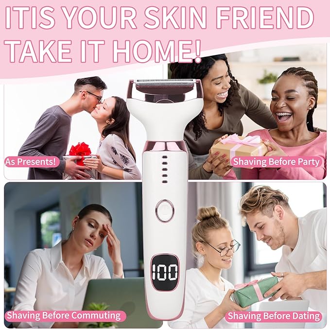 2026 Electric Razor for Women Men,4 in 1 Ladies Wet & Dry Body Razors and Facial Hair Remover,Rechargeable LED Display Hair Removal Kit for Nose Face Body Bikini Hair (Multicolor Pink)