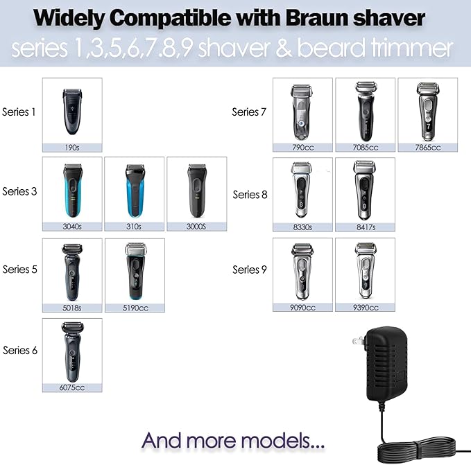 12V Charger for Braun Series s3 s5 s6 s7 s8 s9 Shaver, Charger Cord Wall Power Adaptor Replacement Compatible with Braun Beard Trimmer Electric Razor 5544 Z20 5513 310s 3040s
