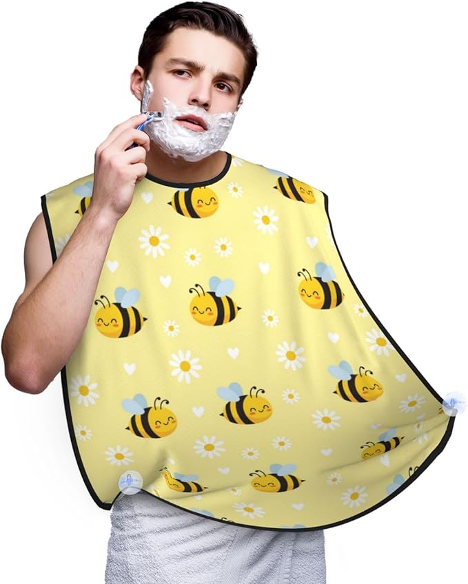 Ultimate Shaving Bib, Beard Trimming Apron with Hair Catcher, Cute Honeybee Bee Light Yellow