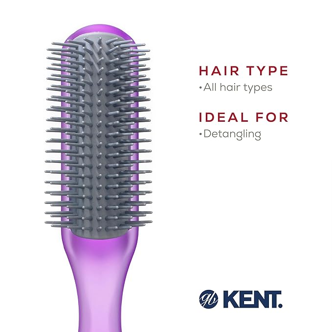 Kent AHGLO01 Airhedz Glo Purple Half Round Narrow Detangling Hair Brush - 9 Row Ionic Anti Static Non Scratch Long Nylon Bristle Great for Detangling and Smoothing Medium to Long Length Hair