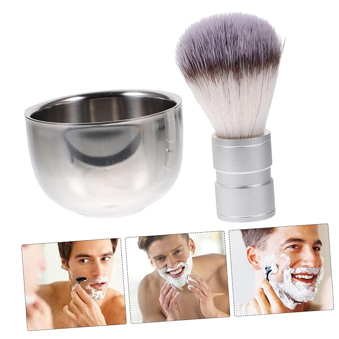 minkissy Nylon Hair Shaving Brush and Double Layer Stainless Steel Shave Bowl Lathering Mug for Traditional Wet Shaving Combination