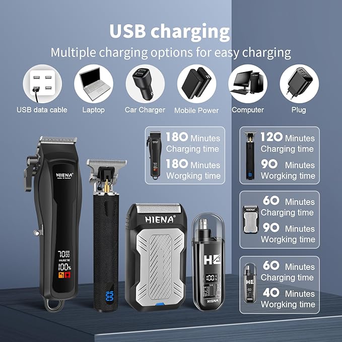 HIENA PRO Cordless Hair Clippers for Men, Professional Barber Kit - Beard Trimmer, Aluminum Foil Shaver, Nose Trimmer, 10 Limit Combs - Fast Charge, Smart LED Display (Clippers/Trimmer)