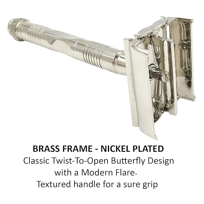 Parker, 90R Nickel Plated Long Handle Butterfly Open Double Edge Safety Razor for Men, 5 Parker Premium Platinum Double Edge Razor Blades Included