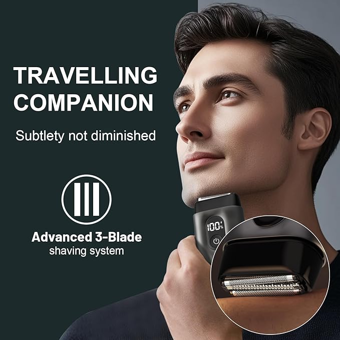 Electric Foil Shavers for Men: Mini Electric Razor with Big LED Display & 3 Floating Blades - IPX7 Waterproof Wet Dry Face Razor, USB Type C (Deep Black)