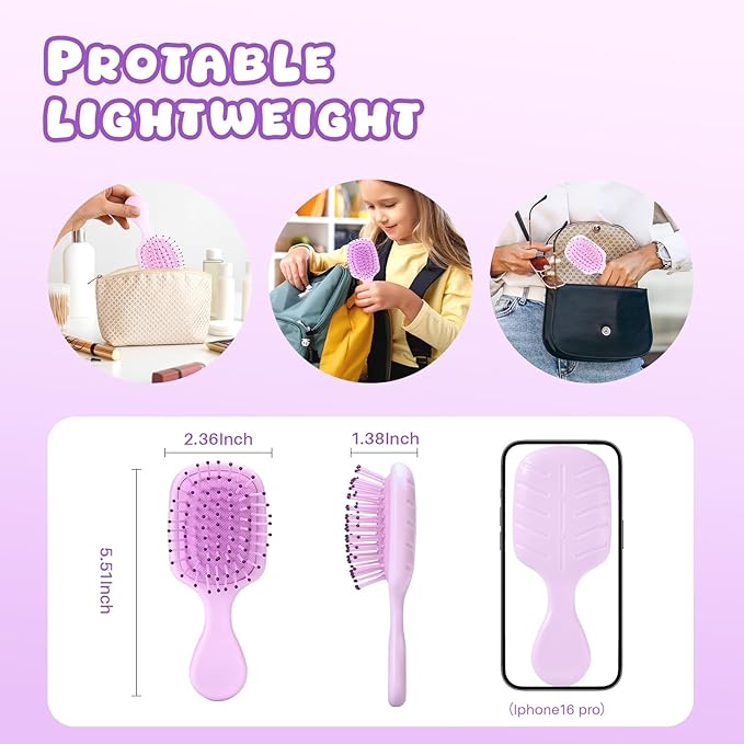 Mini Hair Bursh for Women and Girls, Protable Travel Size Hair Brush for Pockets Purses, Mini Detangler Brush for All Hair Types, Small Paddle Brush for Detangling(Purple)