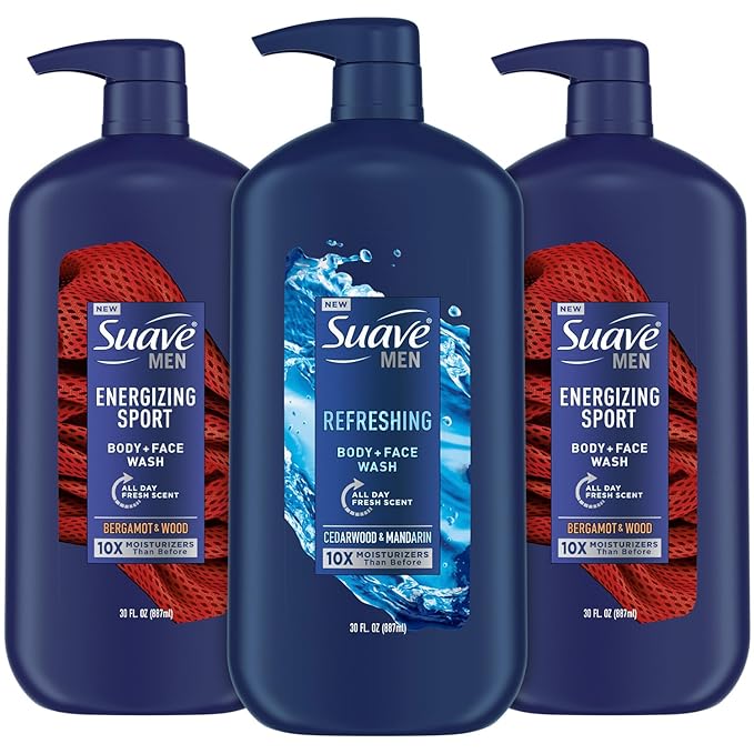 Suave Men Body + Face Wash Bundle – Energizing Sport (Beragmot & Wood) 2-Pack + Refreshing (Cedarwood & Mandarin), 30 Oz Ea