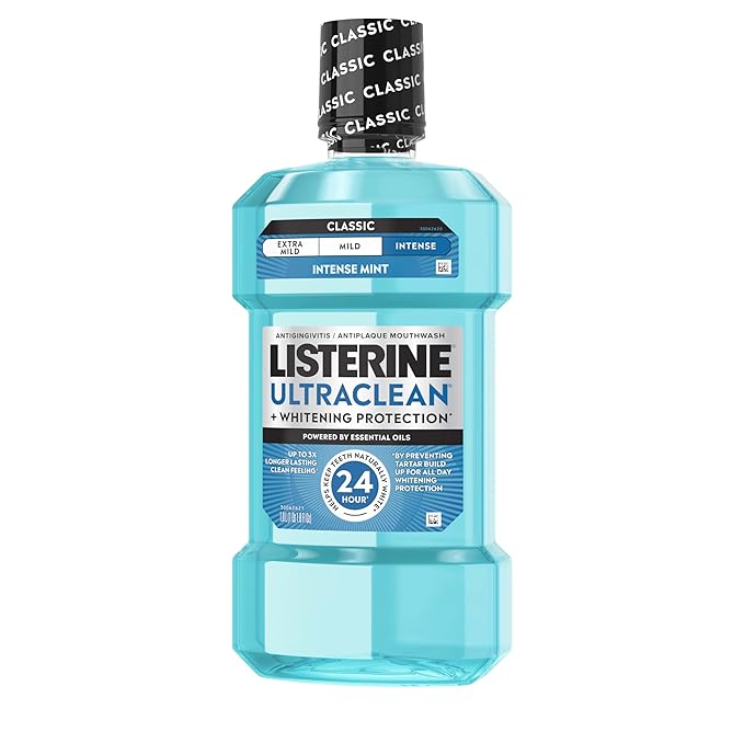 Listerine Ultraclean Intense Antiseptic Mouthwash + Whitening Protection*, Everfresh Technology to Help Fight Bad Breath, Gingivitis, & Plaque, Tartar Control Oral Rinse, Intense Mint, 1L