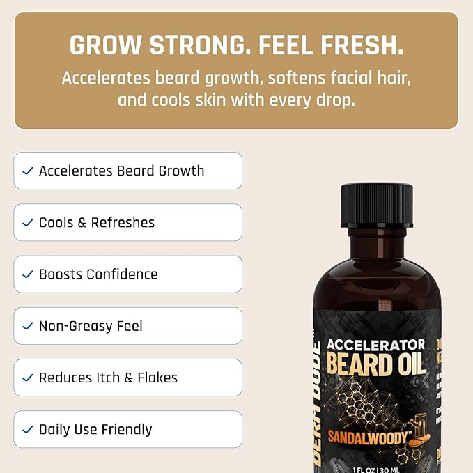 Derm Dude Accelerator Beard Growth Oil for Men | With Castor Oil & Jojoba Oil for Hair Growth | Promotes Thicker Fuller Beard | Hydrate & Soften Facial Hair, Non-Greasy - SandalWoody 1oz