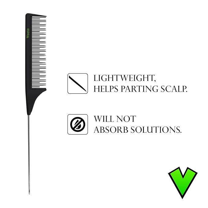 Veeta Professional Carbon Fiber Comb - (Multiple Styles) Anti Static Heat & Chemical Resistant Hair Combs - Rat Tail Comb, Styling Comb, Wide Tooth Comb, Wave Comb (Black) (Rat Tail Comb)