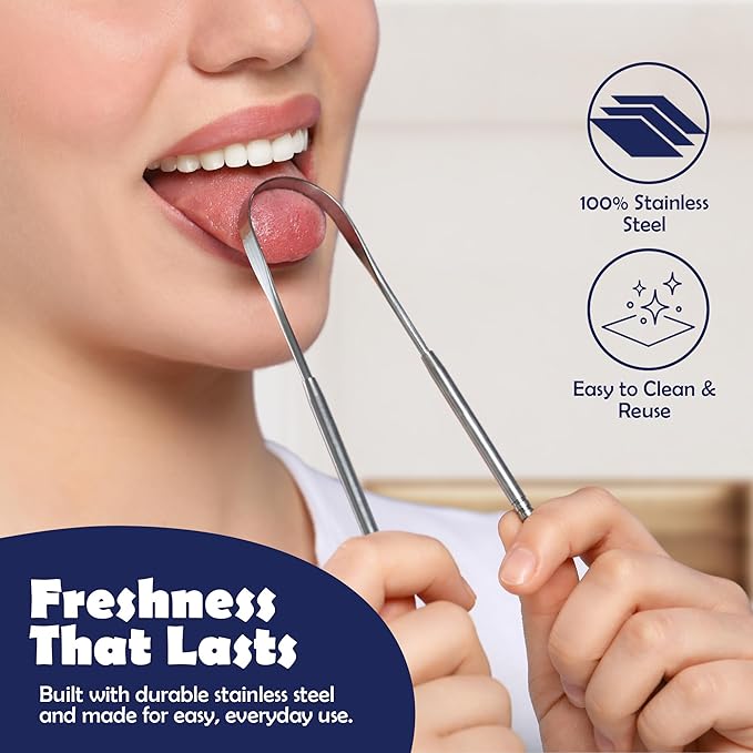 Stainless Steel Tongue Scraper (2 pack) - Rust - Resistant Metal Tongue Cleaner For Adults Bad Breath Removal Tool - Oral Hygiene Kit
