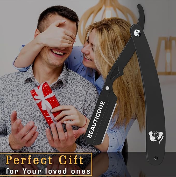BEAUTICONE Straight Razors for Men, Professional Barber Razors, Premium Straight Edge Razor, Shaving Knife, Shavette, Stainless Steel, Wooden Handle, With PU Leather Case