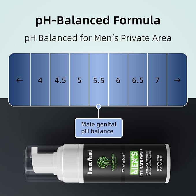 Men's Intimate Wash - Foaming Groin Cleanser for Daily Hygiene & Odor Control - Enriched with Tea Tree Oil, Aloe & Camellia Extract - pH Balanced, Refreshing Body Wash for Athletes - 5 Fl Oz