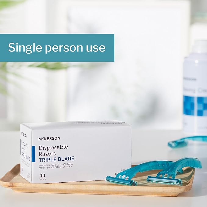 McKesson Disposable Razors, Stainless Steel Triple Blade, Lubricated Strip, Ergonomic Handle, Turquoise, 10 Count, 1 Pack