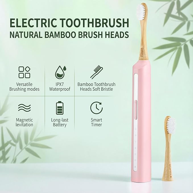 Bamboo Electric Toothbrush丨Rechargeable Electric Toothbrush with 4 Bamboo Heads, Soft Castor Oil Bristles,5 Moedes&3 Intensities, 45 Days Battery Life, IPX7 Waterproof-Pink