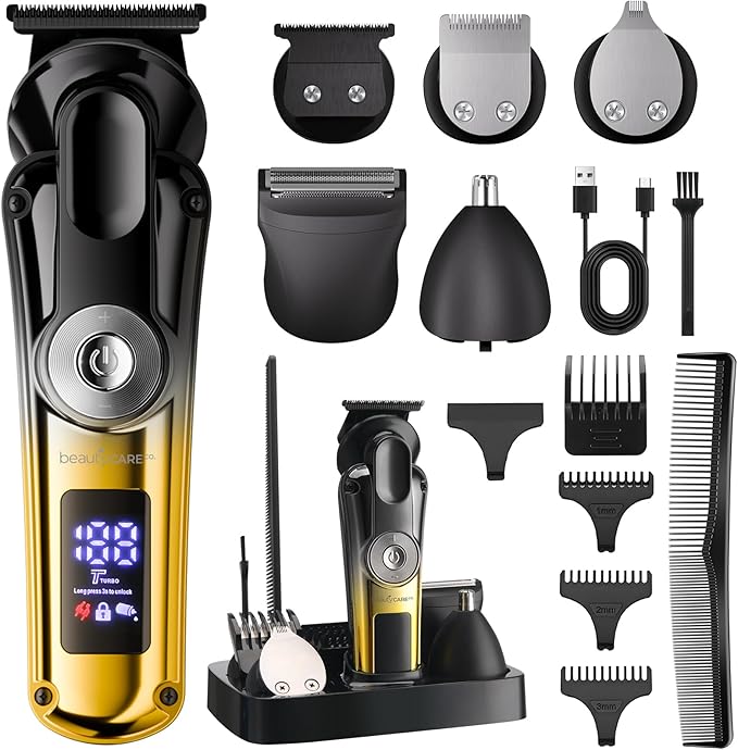Beard Trimmer for Men - Professional Hair Clippers Zero Gapped T-Blade,Waterproof Cordless Rechargeable Electric Shaver Men's Grooming Kit for Fading & Nose Hair Trimmer, Grooming at Home