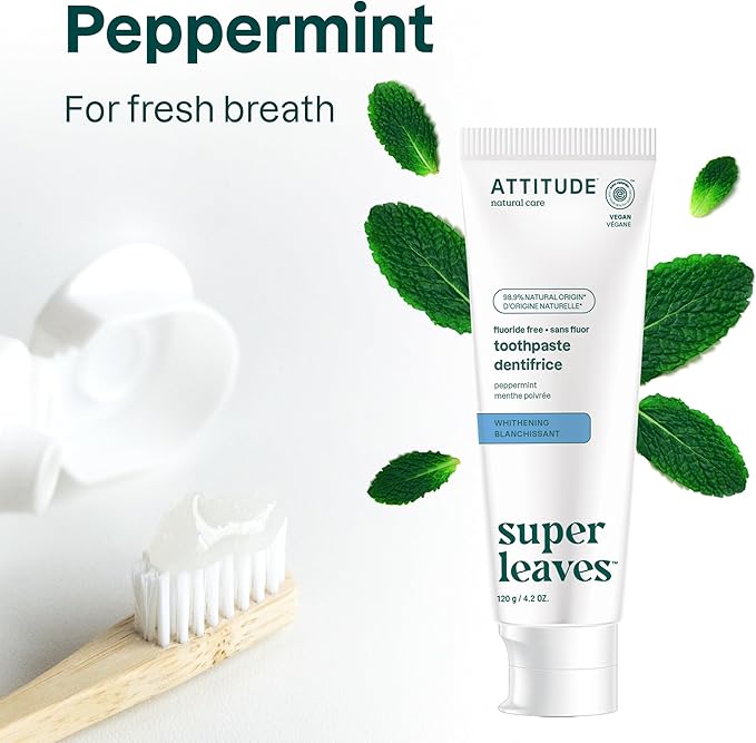 ATTITUDE Fluoride-Free Whitening Toothpaste, Peppermint Flavor, Vegan & Cruelty-Free, Sugar-Free, Plant & Mineral-Based Ingredients, Clean Oral Care, 4.2 Oz