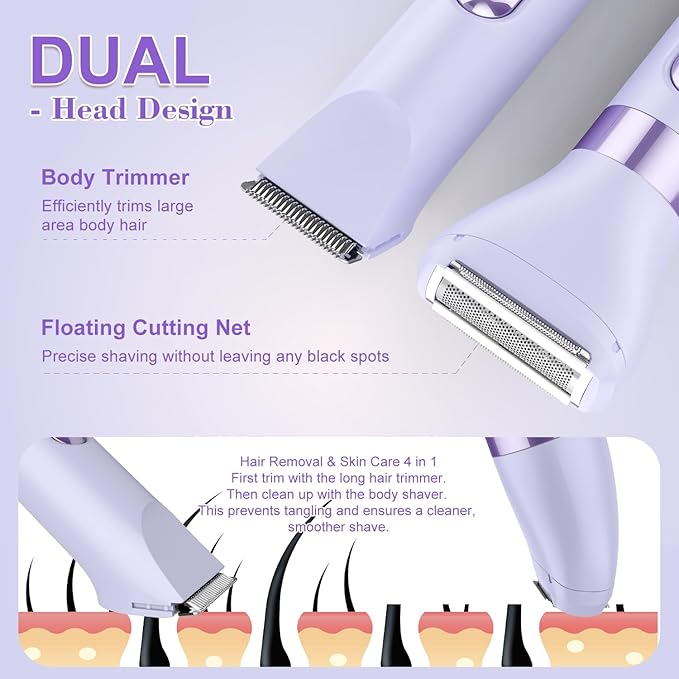 Hatteker 4-in-1 Women's Electric Razor, Dual-Head Body Hair Trimmer for Women, IPX7 Waterproof Rechargeable Bikini Trimmer & Facial Hair Remover for Legs, Armpits, Face, Nose, Eyebrows, Purple