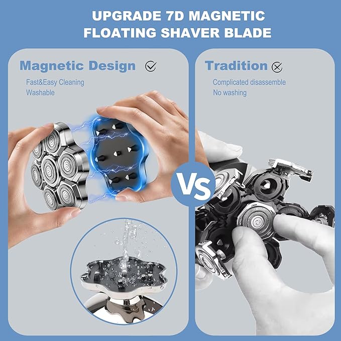 7 Blades Magnetic Head Shaver Replacement Heads Double Ring Waterproof Rotary Razor Blades for Bald Men Compatible with Freebird wyklaus shpavver (Black)