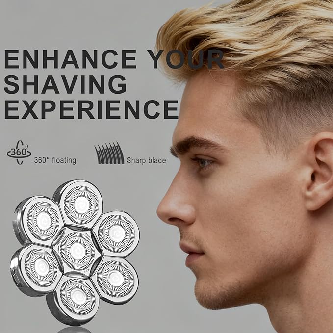 7 Blades Universal Head Shaver Replacement Heads for Freebird Shaver, Black, Men's Electric Shaver Accessory (7 Heads Silvery)