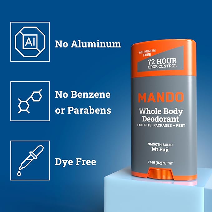 Mando Whole Body Deodorant Two Piece System - 2.6 oz Smooth Solid Stick & 5.0 oz 4 in 1 Acidified Cleansing Bar - Aluminum & Baking Soda Free Odor Control - Doctor Developed - 2 pc Bundle (Mt Fuji)