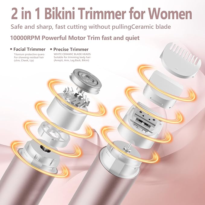 Bikini Trimmer for Women 2-in-1 Electric Shaver and Razors IPX8 Waterproof for Wet & Dry Use Painless Hair Trimmer Removal for Body, Underarms, Legs and Face Rechargeable for Sensitive Skin