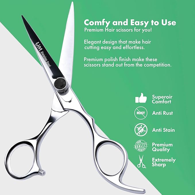 UM Supplies Scissors 6.5 | Premium Barber Shears For Hair Cutting | Multiple Purpose Cutting Scissors | Haircut Scissors For Salon I Women | Mens | kids I Pets | Silver-Black