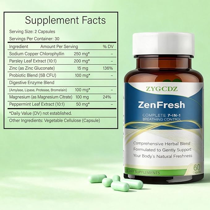 7-in-1 Bad Breath Capsules with Chlorophyllin & Probiotics, Mint Extract for Long Lasting Breath Freshness, Oral Care Supplement for Digestive Support, 14-Day Solution (01)