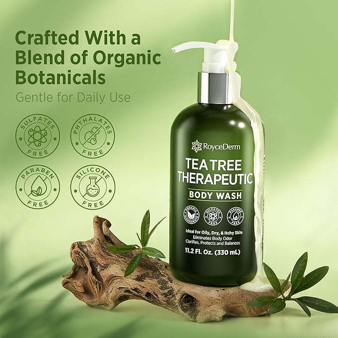 Roycederm Tea Tree Therapeutic Body Wash & Soap – Antibacterial Body Wash Odor Control Cleanser for Oily, Dry & Itchy Skin – Made in USA, 11.8 fl oz